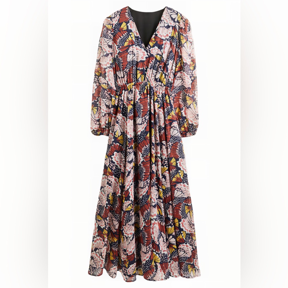 Boden Floral V-Neck Long Sleeve Maxi Dress Floral
